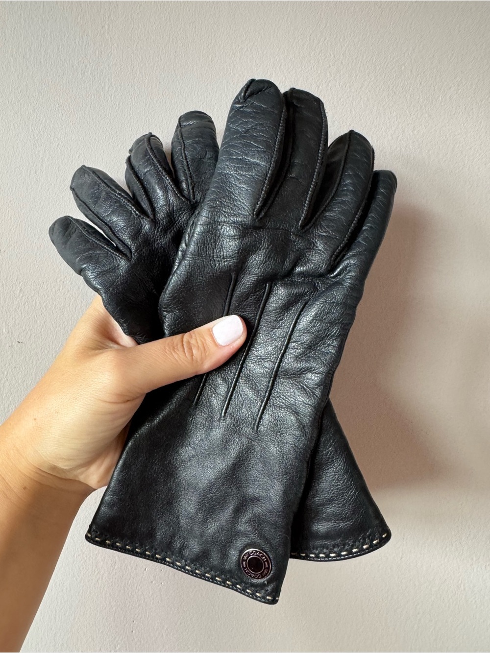 Coach Womens Black Leather Cashmere Dart Coach Coin Design Lined Gloves Size 6.5